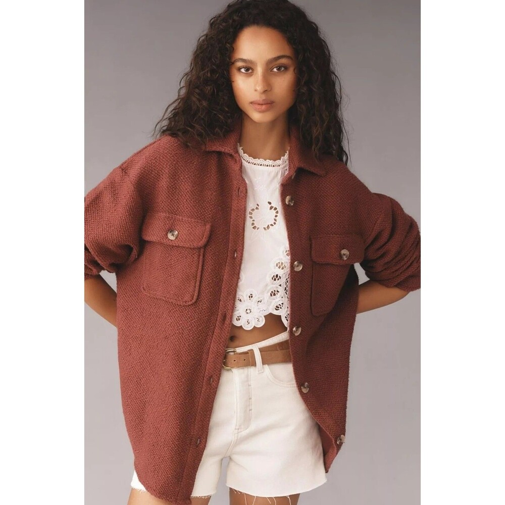 By Anthropologie Knit Shacket Shirt Tunic Top Long Sleeve Buttondown XS 279185